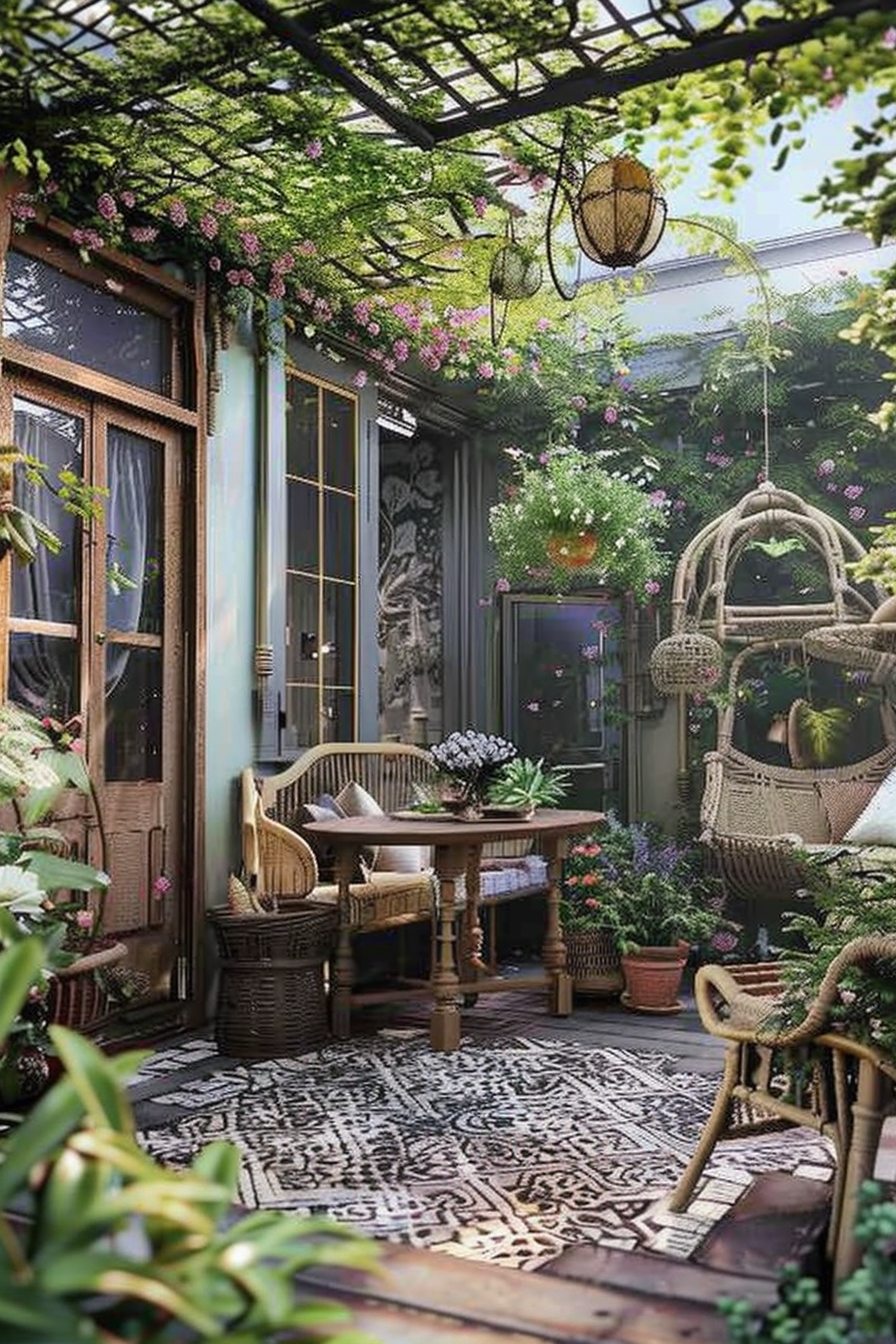 A cozy outdoor patio area with wicker furniture, vibrant plants, and hanging lanterns, all under a vine-covered pergola.