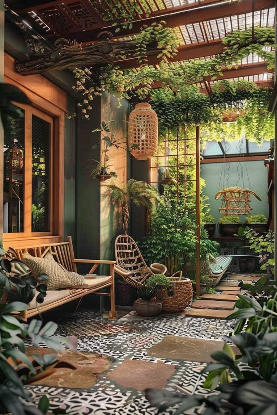 A cozy outdoor patio area surrounded by lush greenery, patterned tiles, wooden furniture, and hanging rattan lamps.