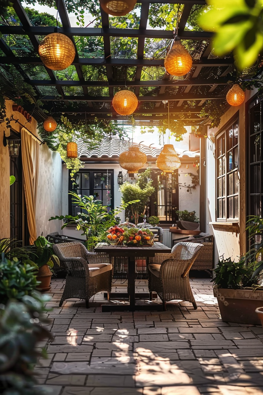 Cozy outdoor patio with wicker chairs, a table with fruit centerpiece, and illuminated hanging rattan lanterns under a pergola.
