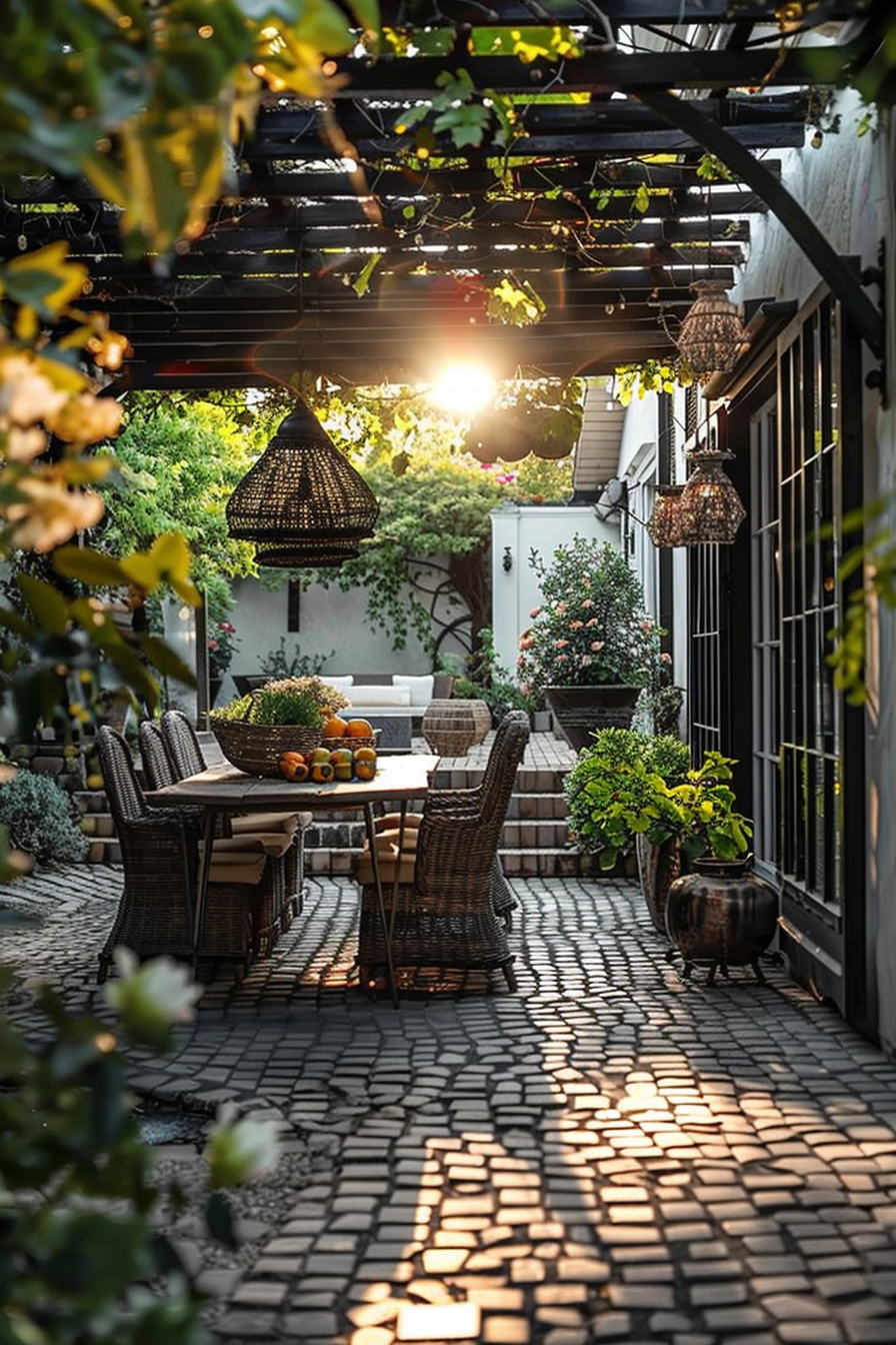 An inviting outdoor patio with wicker chairs, a wooden table with oranges, and hanging lanterns, illuminated by an evening sun.