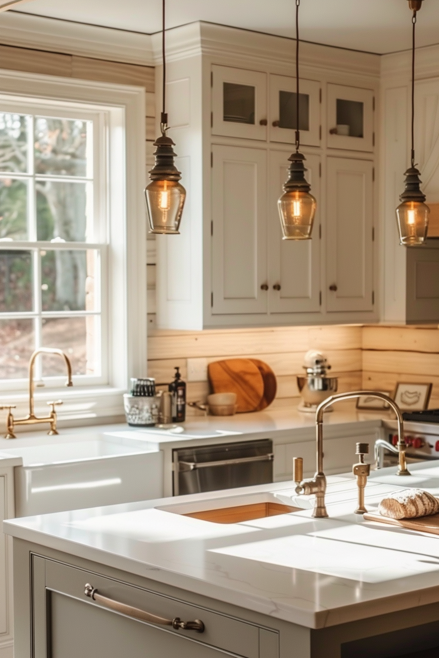 A cozy kitchen interior with white cabinets, farmhouse sink, bronze fixtures, and pendant lights. A window lets in natural light.