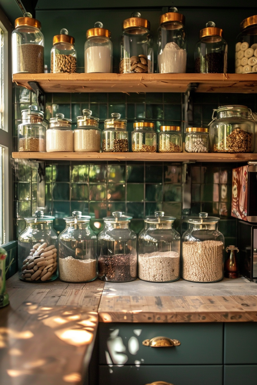 A cozy kitchen corner with sunlight filtering through, highlighting various glass jars of dry food on wooden shelves against a tiled wall.