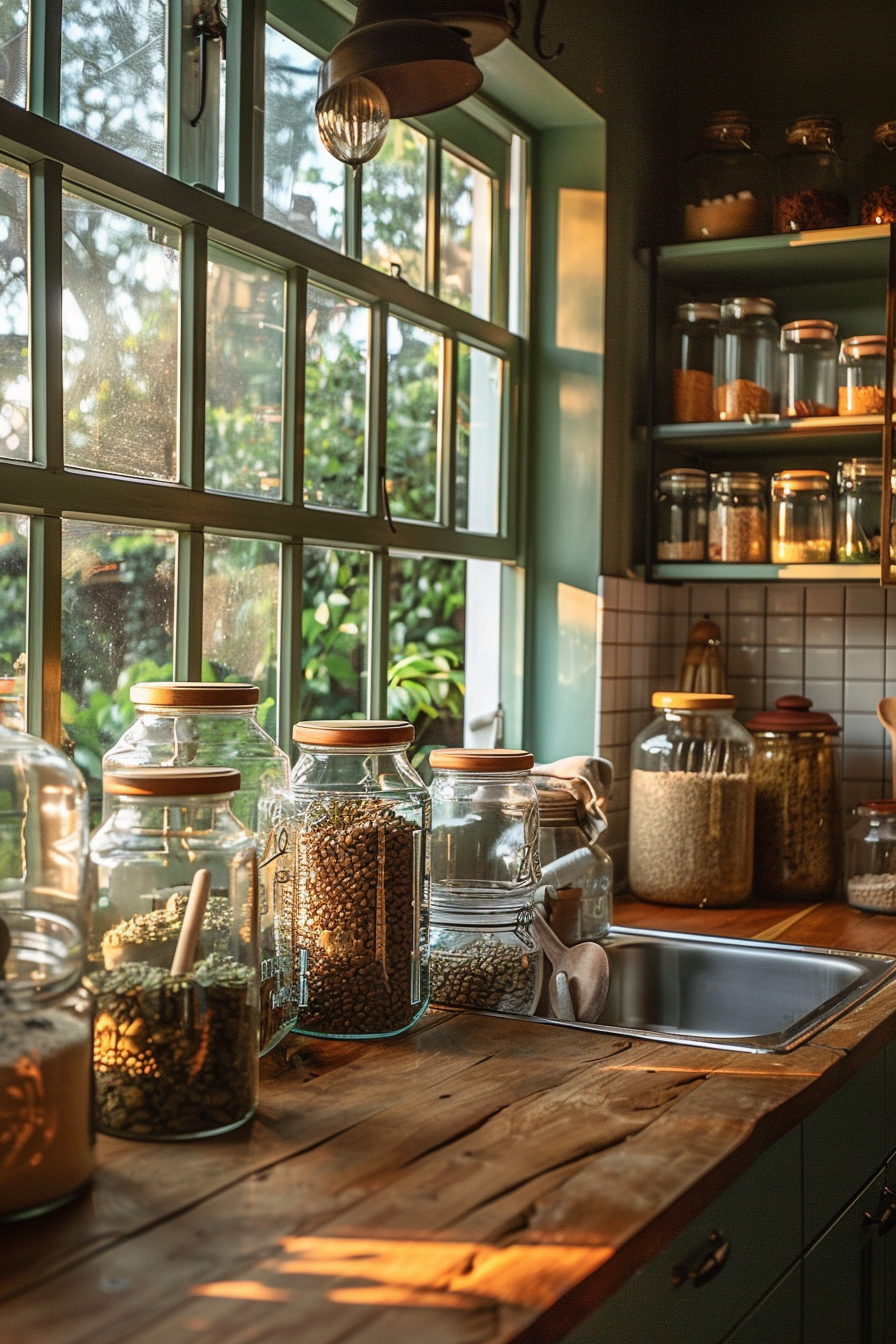 A cozy kitchen corner with sunlight filtering through a window, highlighting glass jars of dry goods on wooden countertops.