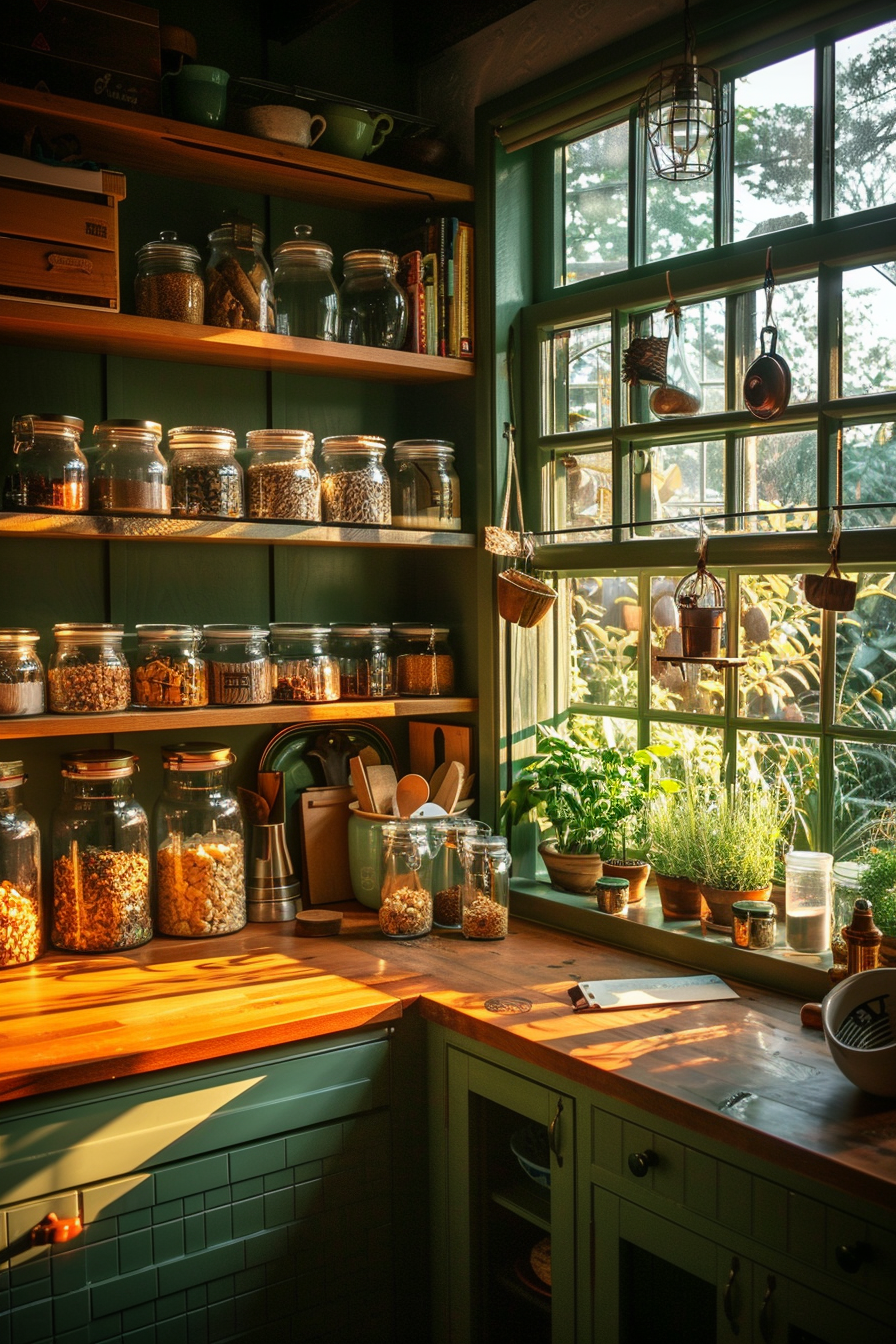 Cozy kitchen corner with sunlight streaming through a window, shelves with jars of grains, plants on the windowsill, and wooden countertops.