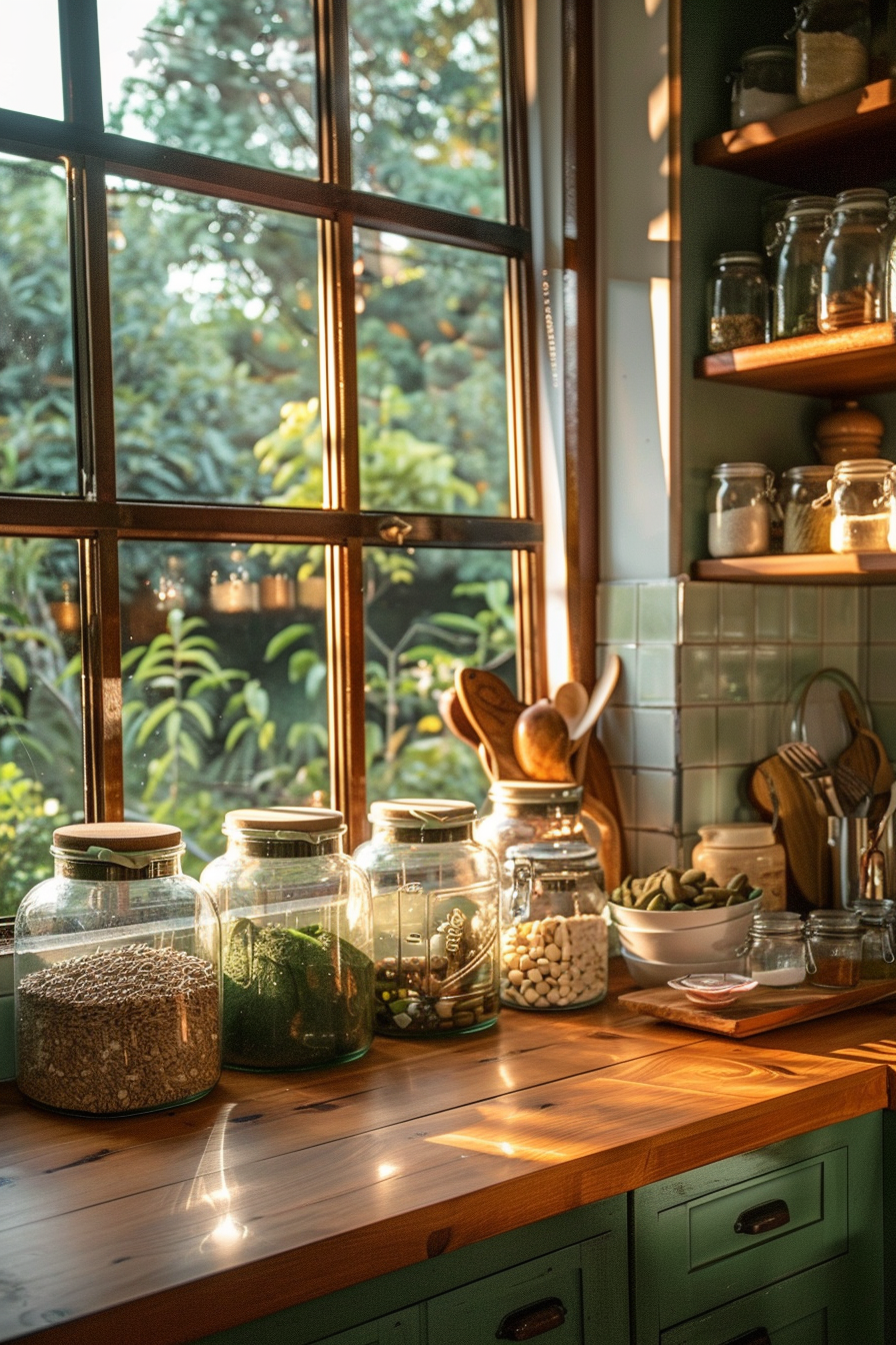 Sunlight streams through a window onto a kitchen counter with jars of spices and a serene garden view outside.