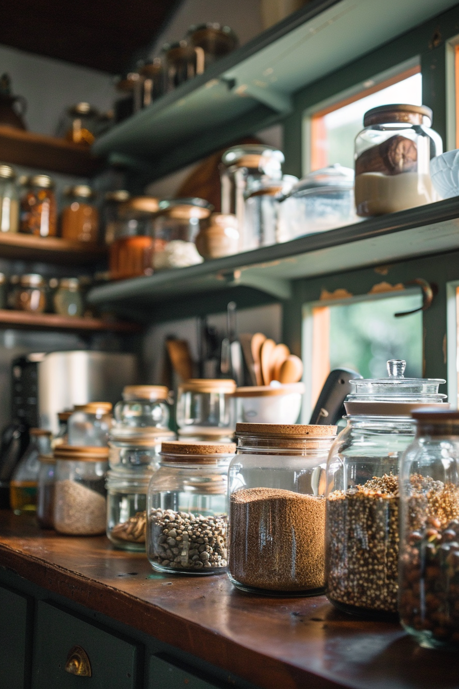 ALT: A variety of transparent jars on wooden kitchen shelves, filled with dry foods like beans, grains, and spices.