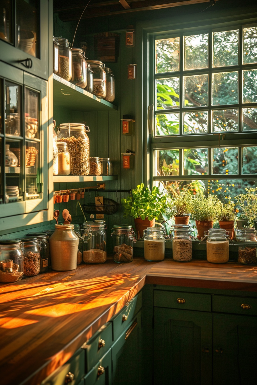 A cozy kitchen interior with sunlight streaming through a window, casting warm light on a wooden countertop and green cabinets filled with jars.