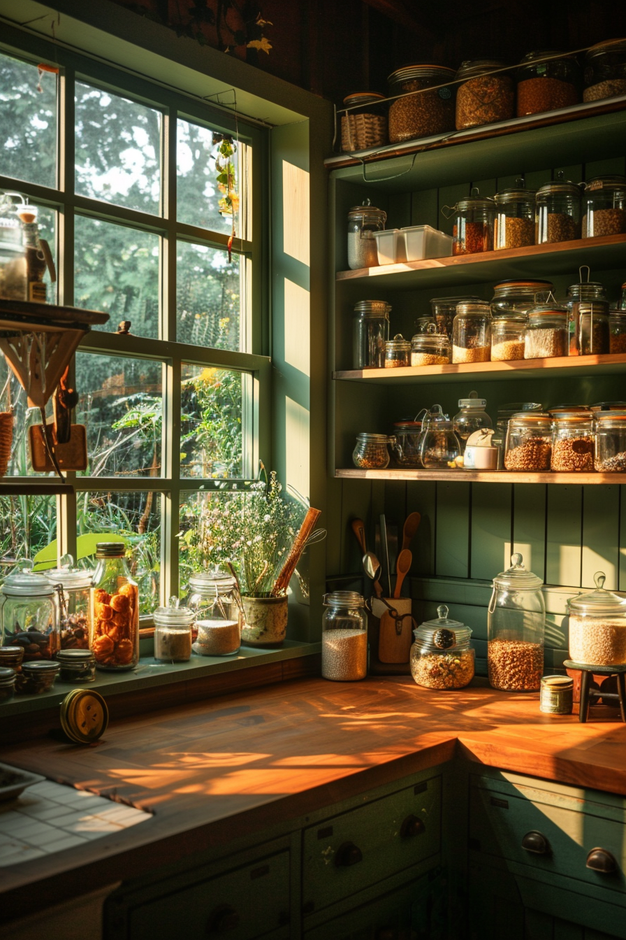 A cozy pantry with sunlight filtering through a window, illuminating shelves of glass jars filled with various pantry items.