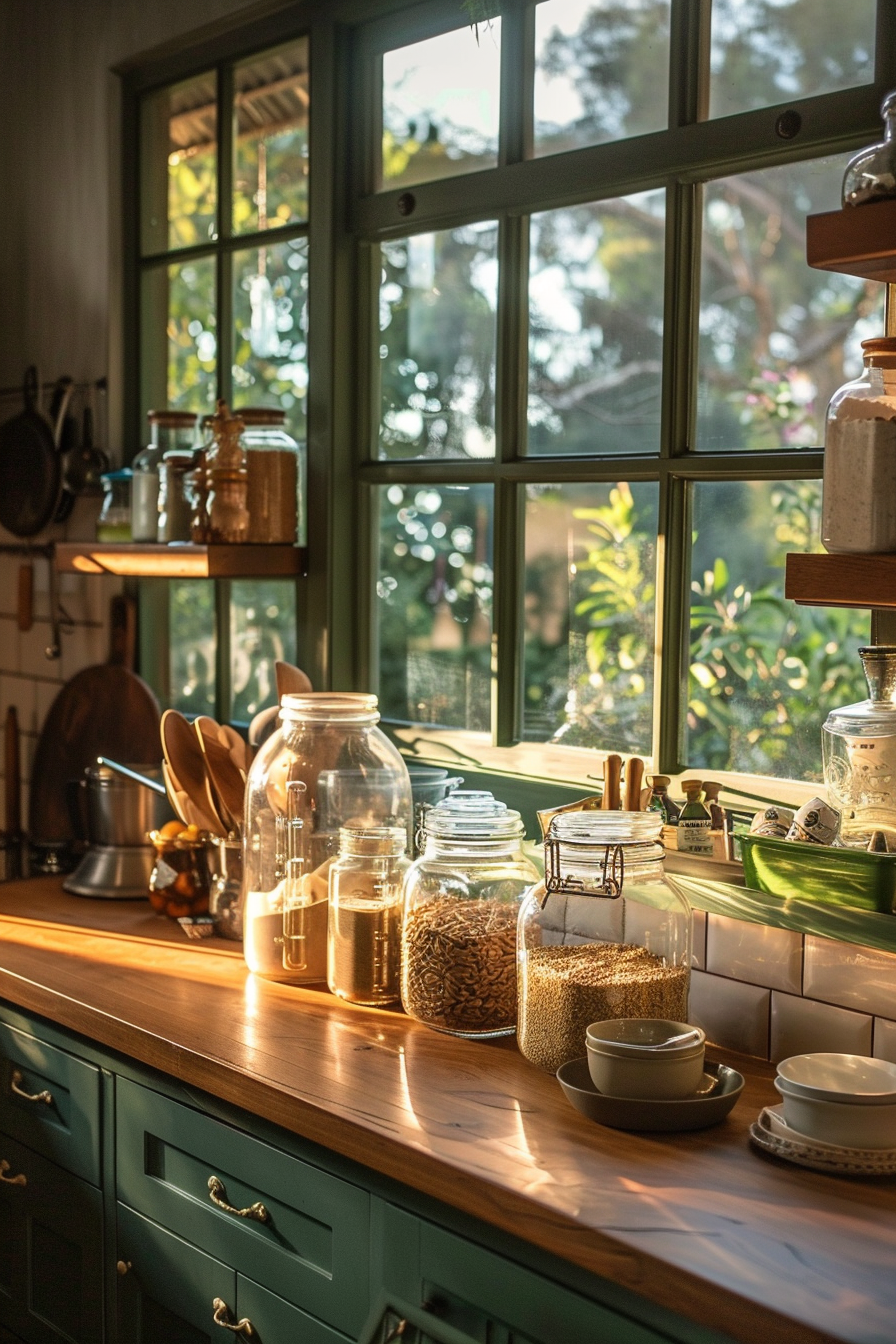 ALT: Warm sunlight bathes a cozy kitchen with clear jars of pantry staples on a wooden countertop, by a verdant garden window view.