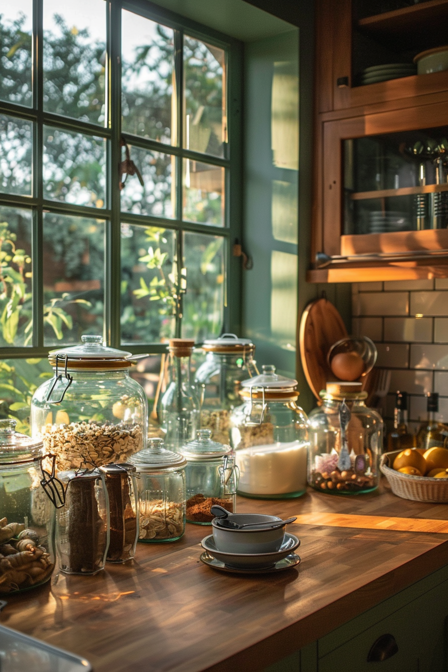 A cozy kitchen interior with sunlight streaming through a window, highlighting glass jars on a countertop and open shelves with dishes.