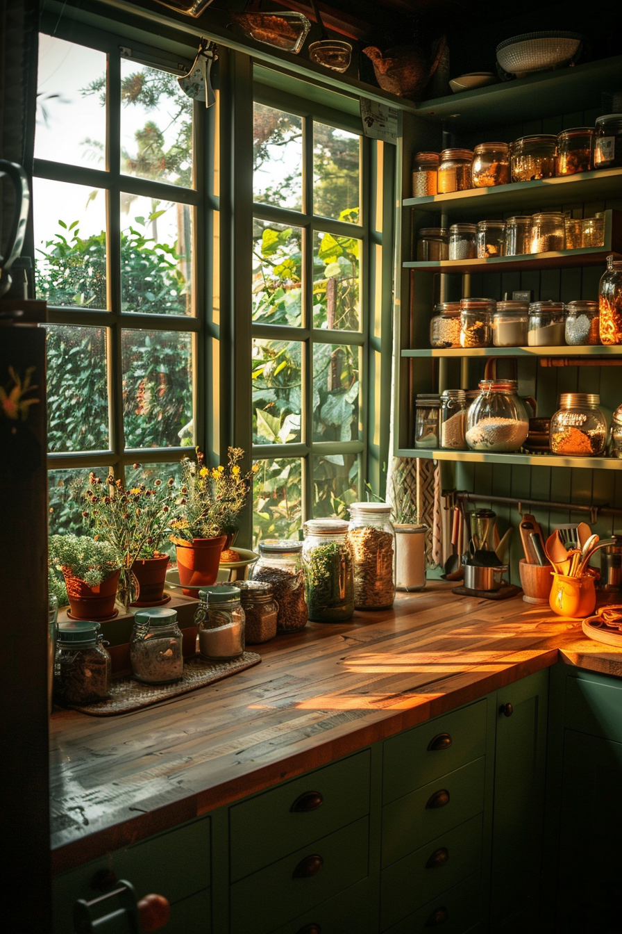 A cozy kitchen corner with sunlight streaming through the window, potted plants on the sill, and shelves of glass jars with ingredients.