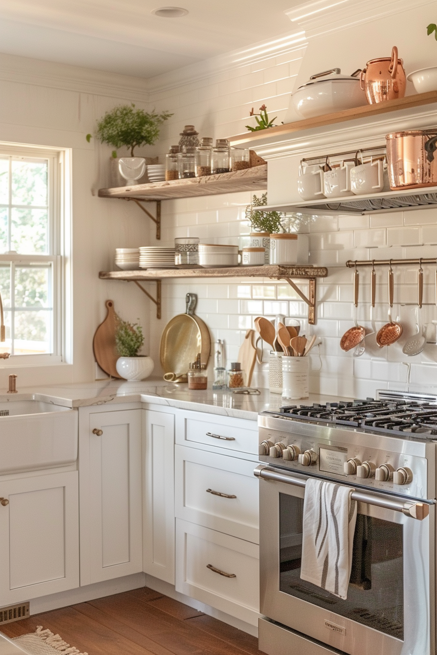 Cozy kitchen interior with white cabinetry, subway tiles, wooden shelves, and copper cookware.