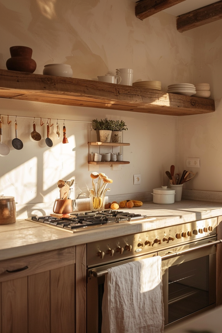 Warm sunlight bathes a rustic kitchen, highlighting wooden shelves, utensils, and a stove with fresh bread.