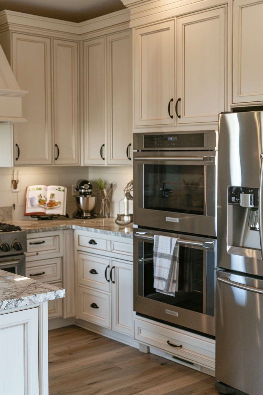 A modern kitchen with stainless steel appliances, white cabinetry, granite countertops, and hardwood flooring.