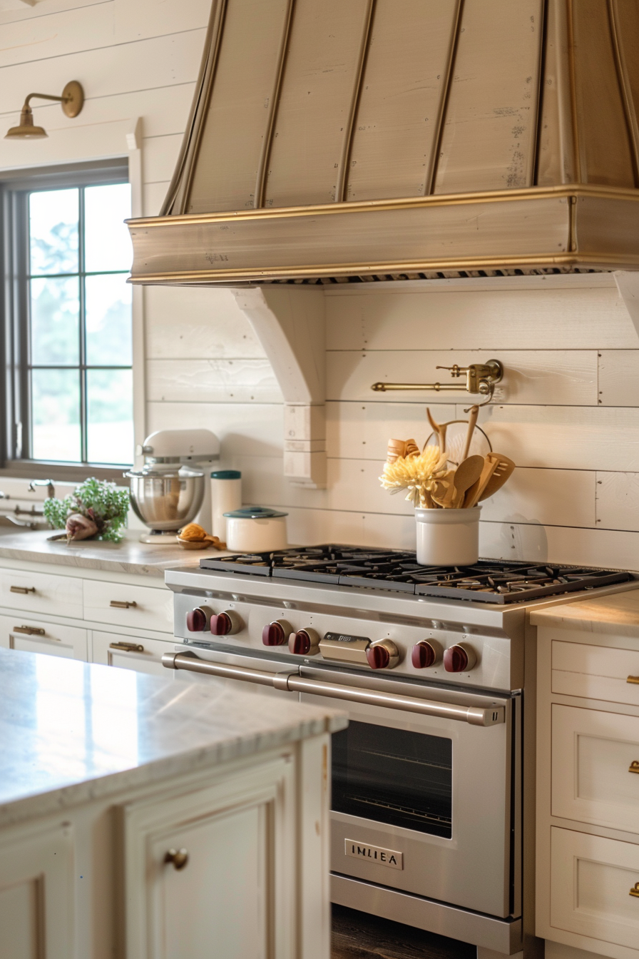 ALT: A well-lit kitchen with white cabinetry, a stylish cooker hood, and a stove with red knobs. Kitchen utensils in a holder and plants add a cozy touch.