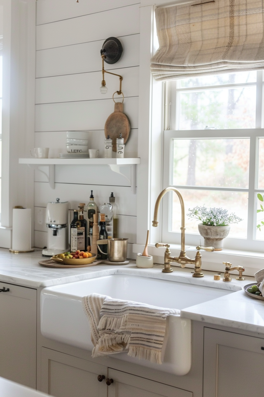 A cozy kitchen interior with white cabinetry, floating shelves, brass fixtures, and a farmhouse sink beneath a window.