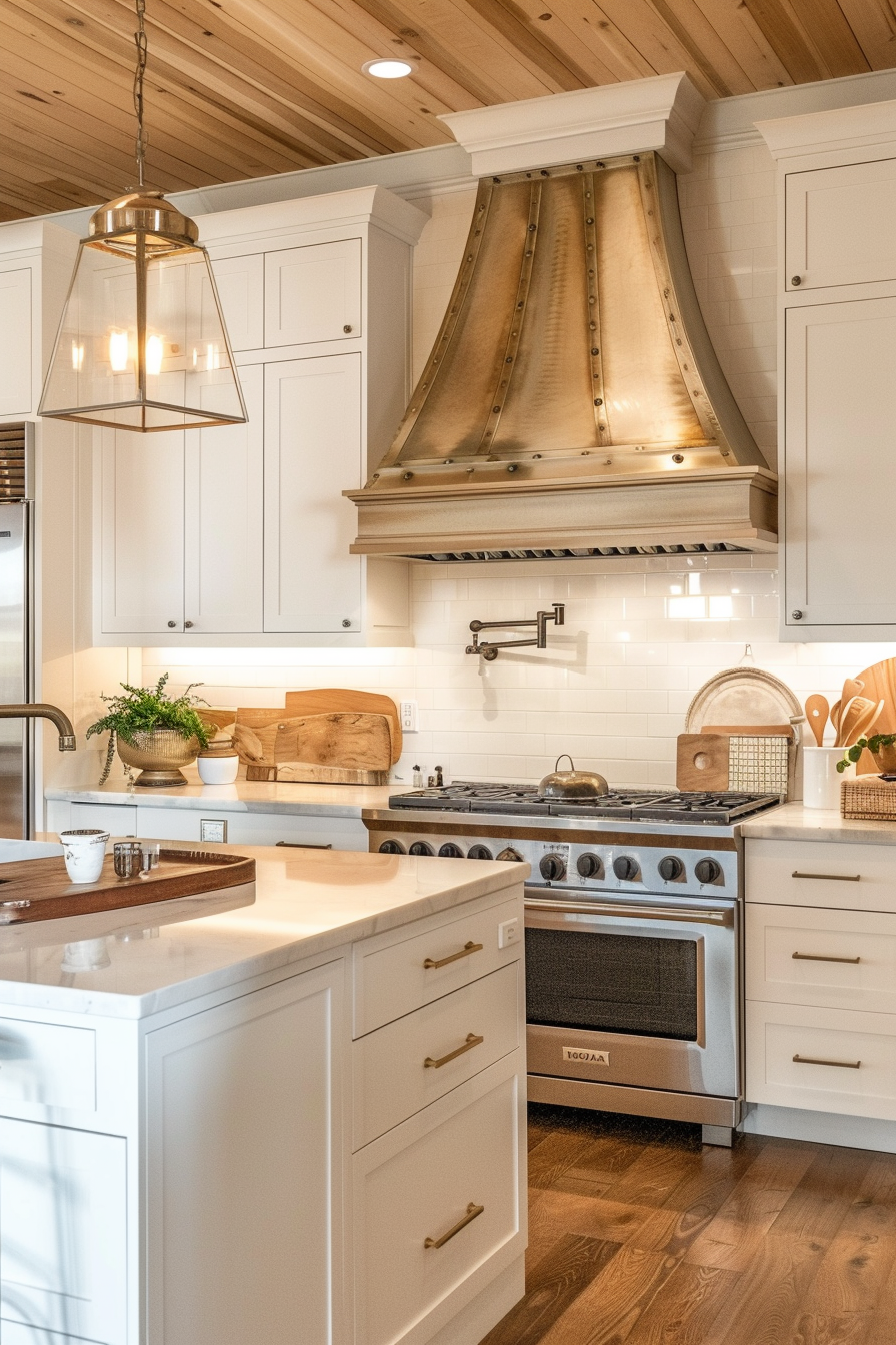 A well-lit modern kitchen with white cabinets, brass fixtures, wood accents, and a prominent copper range hood.