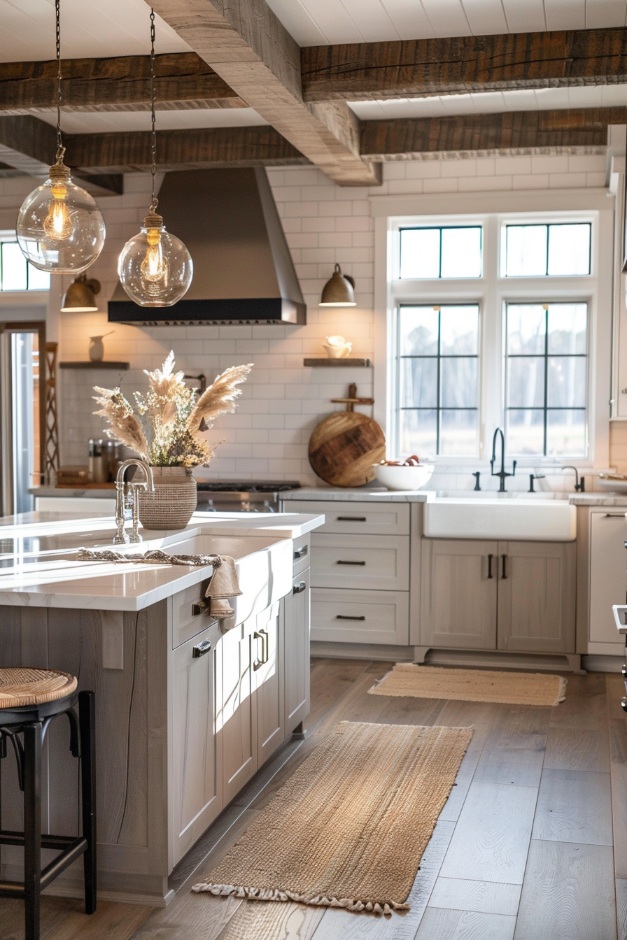 Alt text: A modern rustic kitchen with white cabinetry, a farmhouse sink, pendant lights, and wooden beams, accented by decorative dried plants.
