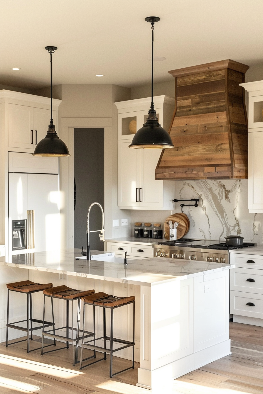 Modern kitchen interior with white cabinets, wooden accents, island with stools, and pendant lights.