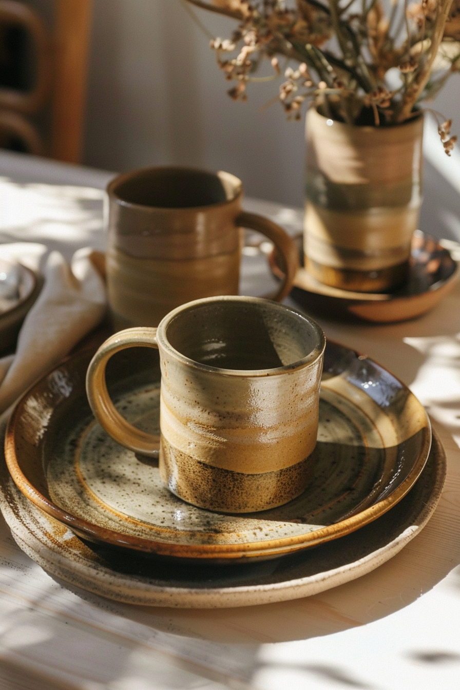 Handmade ceramic tableware set in sunlight, including cups and plates, with dried flowers in the background.