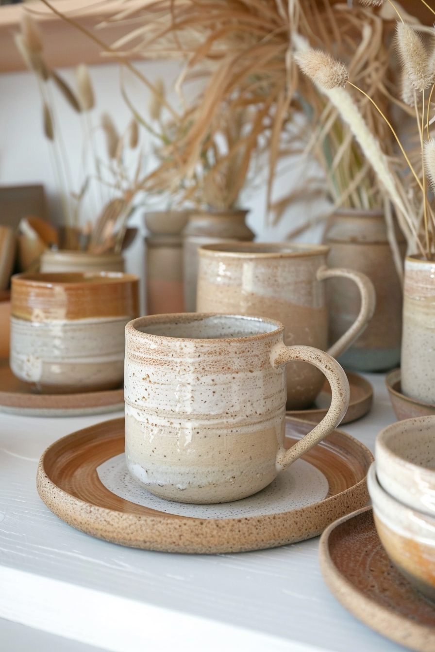 A ceramic mug and plates on a white shelf with dried plants in the blurred background, showcasing a cozy, rustic aesthetic.
