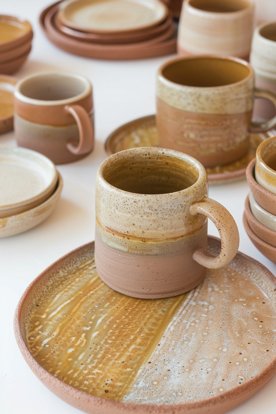Handcrafted ceramic dishware including mugs, plates, and bowls in earthy tones displayed on a white background.