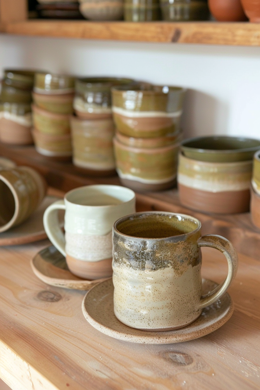 A selection of handcrafted ceramic mugs on wooden shelves with a focus on one mug in the foreground.