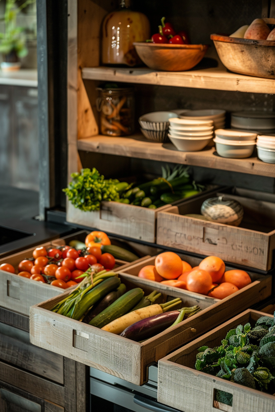 A cozy pantry with open wooden crates filled with fresh vegetables like tomatoes, zucchinis, and eggplants, alongside stacked dishes.
