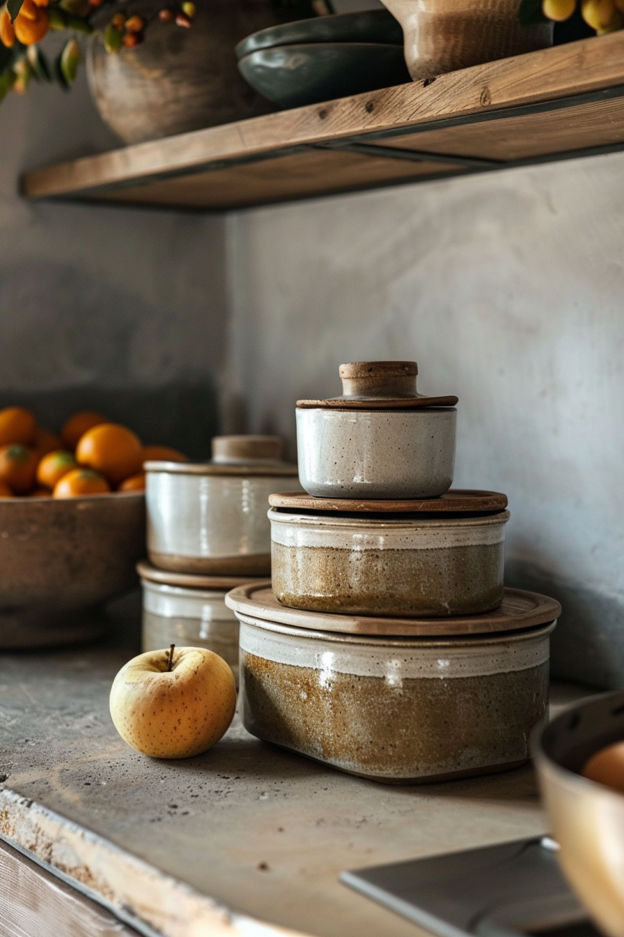 ALT: Stacked ceramic pots with wooden lids on a kitchen counter alongside a single apple, with bowls of oranges on shelves in the background.