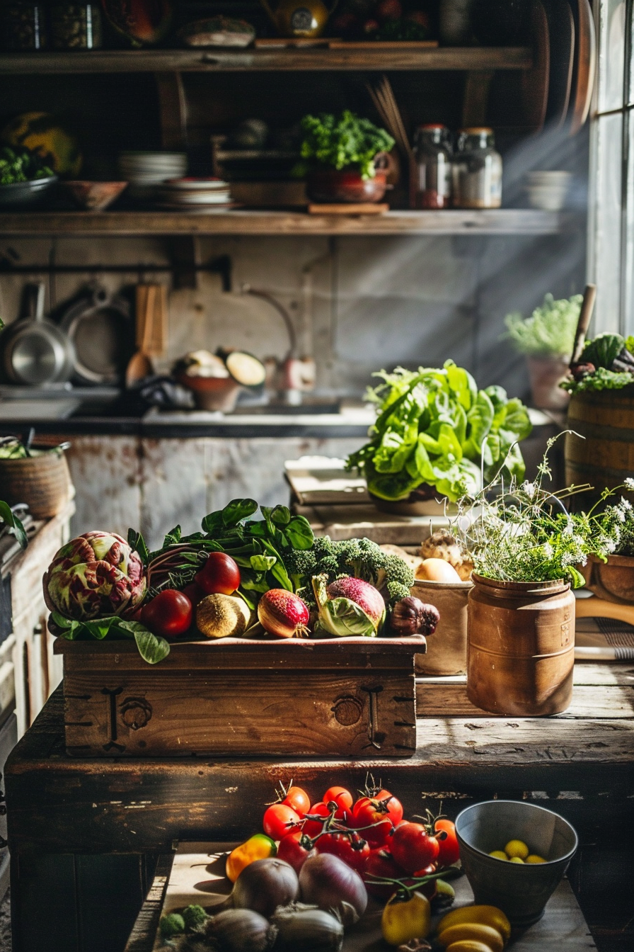 Rustic kitchen interior with natural light shining on a variety of fresh vegetables on wooden surfaces and shelves.
