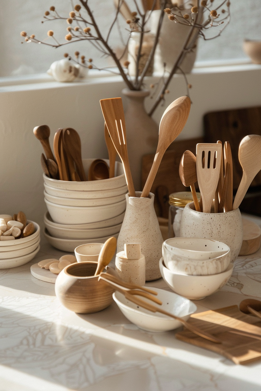 ALT: A variety of wooden kitchen utensils in ceramic holders with stacks of dishes on a counter, in warm sunlight with dried flowers in the background.