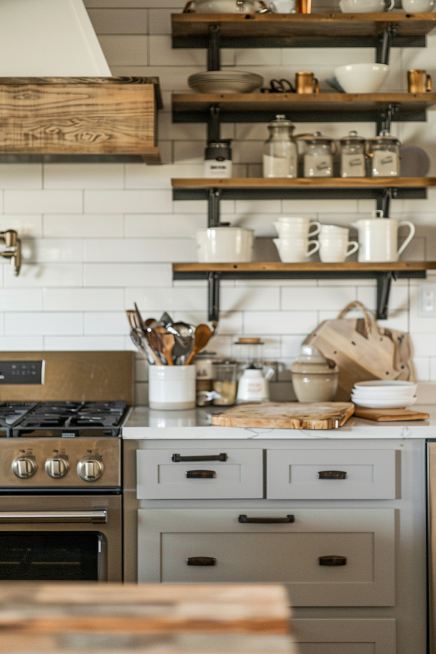 A modern kitchen with white subway tiles, floating wooden shelves, and kitchenware organized neatly.
