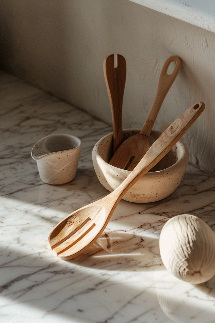 Wooden kitchen utensils in a beige bowl with a ceramic cup and yarn ball on a marble countertop, bathed in sunlight.