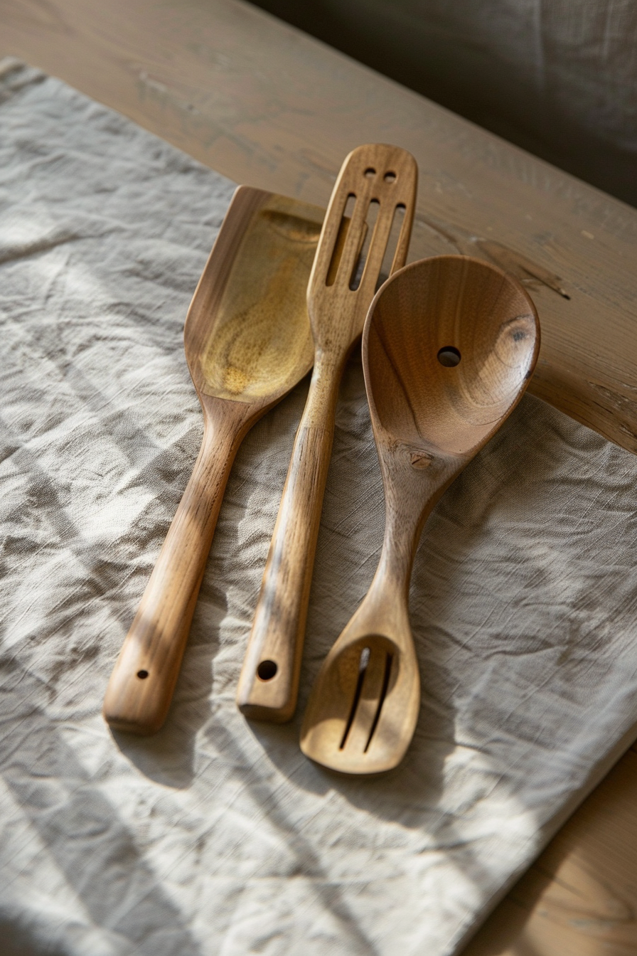 Three wooden cooking utensils on a linen cloth with natural lighting.