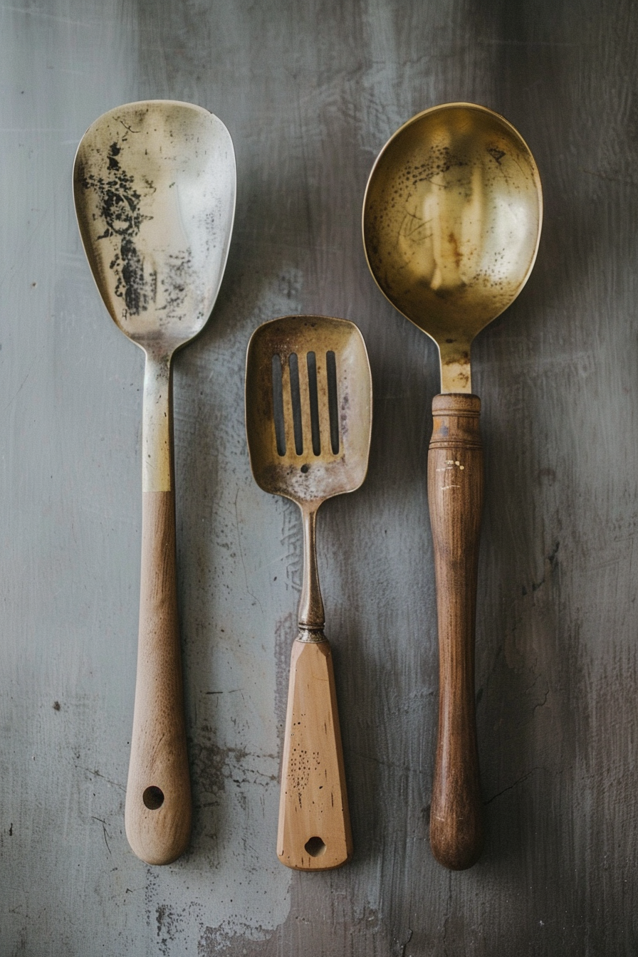 Three worn cooking utensils with wooden handles on a distressed grey background.