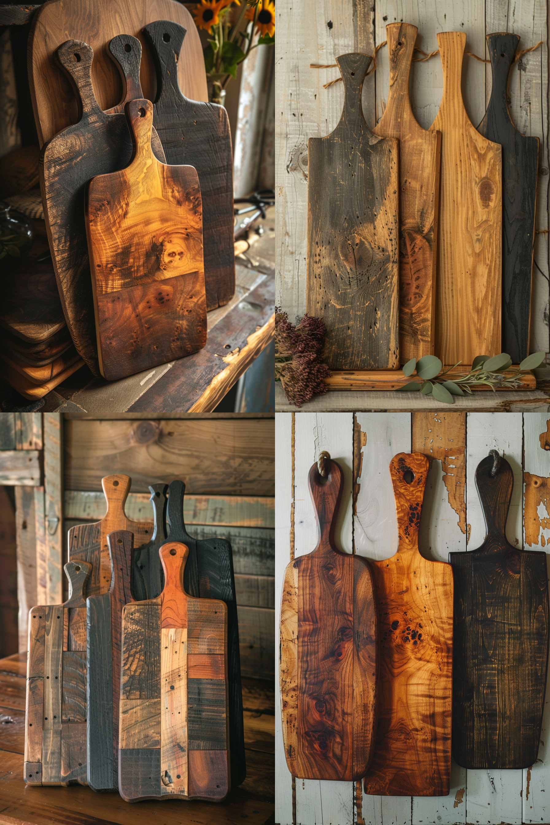A collage of various rustic wooden cutting boards in different shapes and colors, displayed in a cozy kitchen setting.