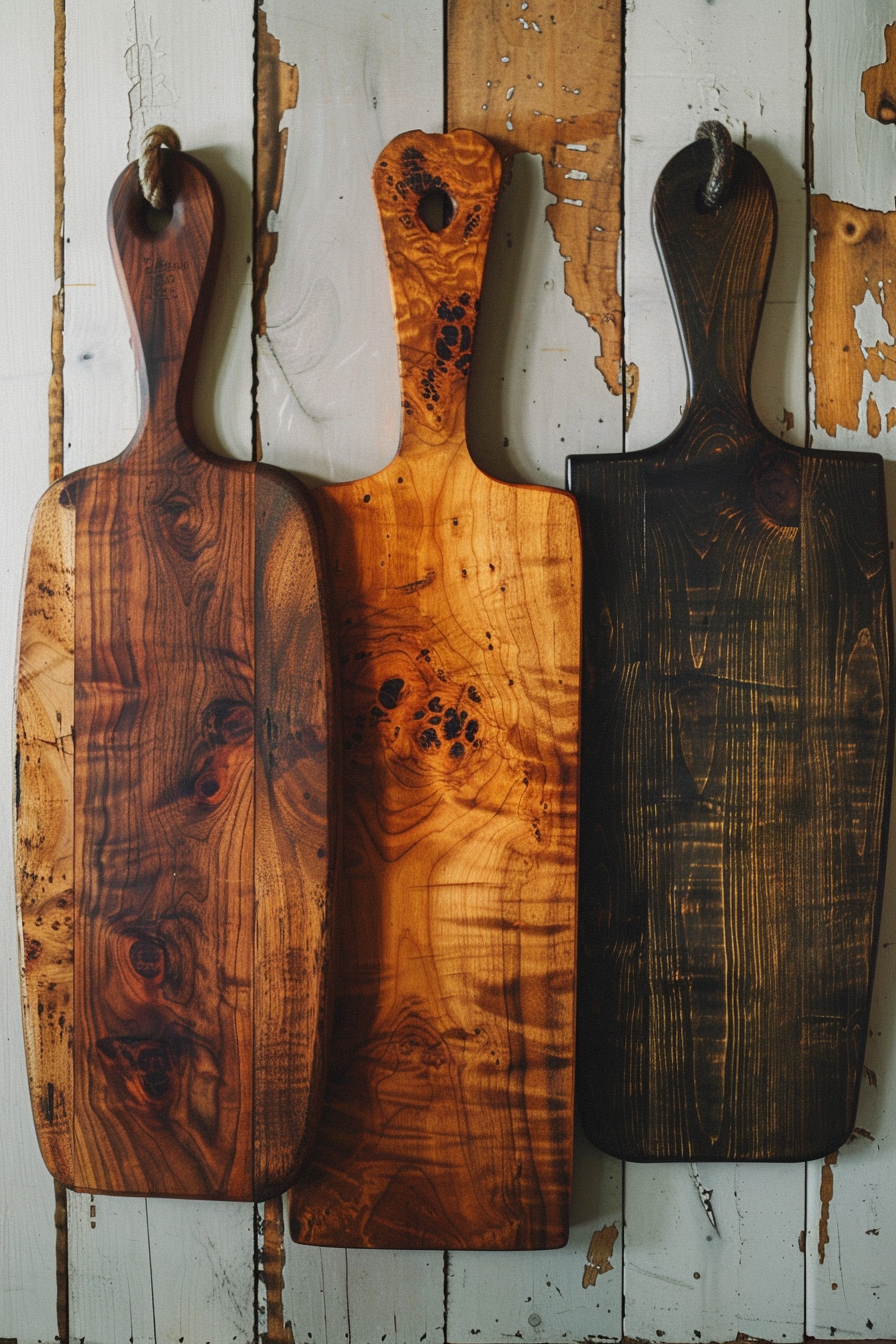 Three wooden cutting boards with varying shades and textures hanging on a peeling white wall.