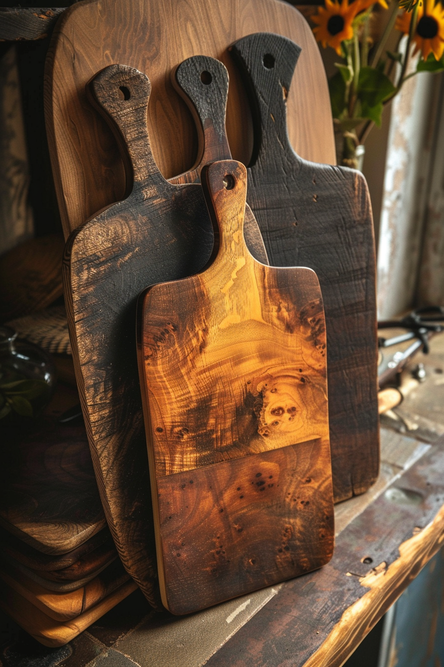 A set of three wooden cutting boards with rich textures and tones, leaning against a kitchen counter, with sunflowers in the background.