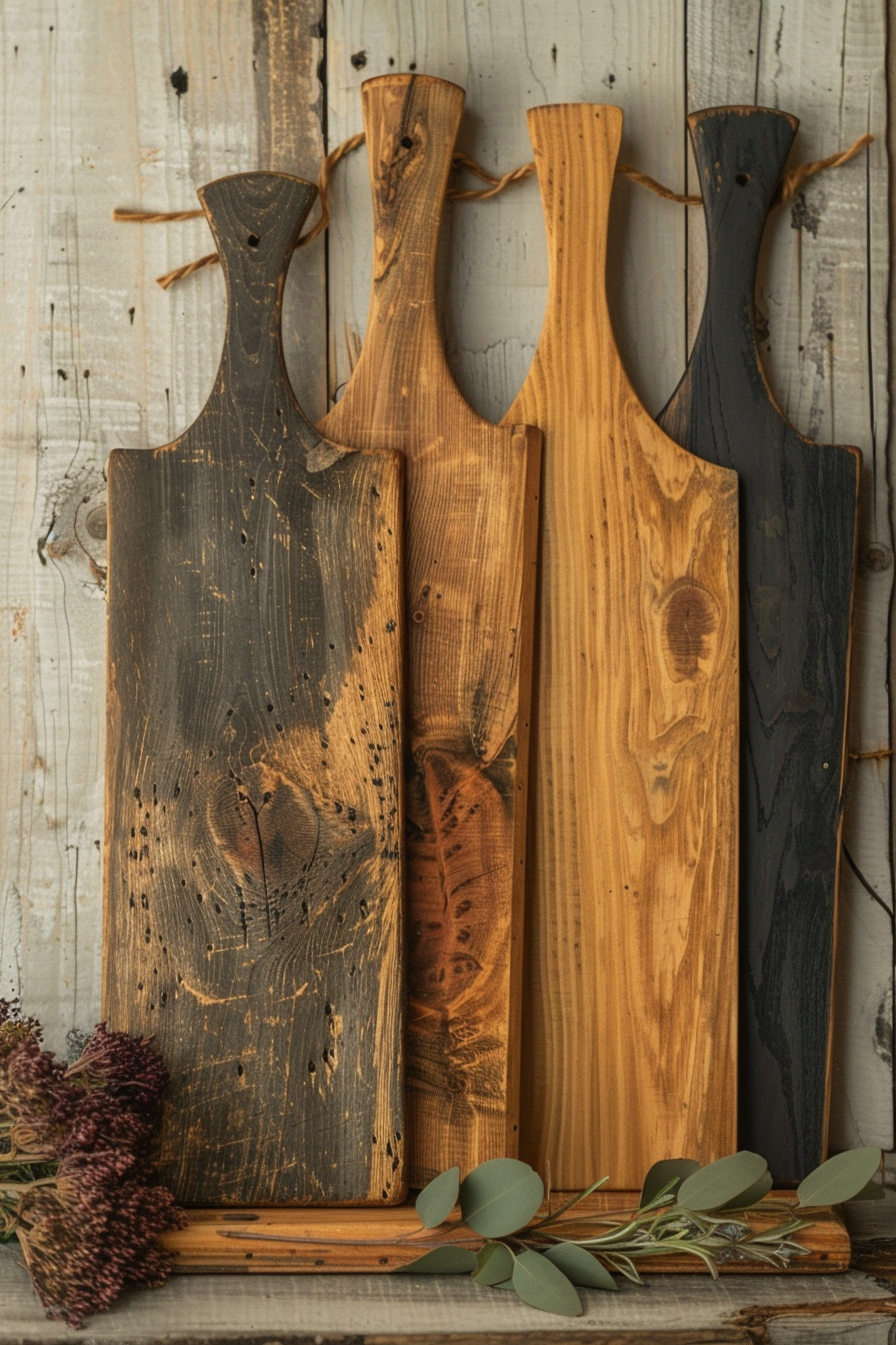 Rustic wooden cutting boards of varied sizes and colors leaning against a wooden backdrop, accompanied by dried flowers and herbs.