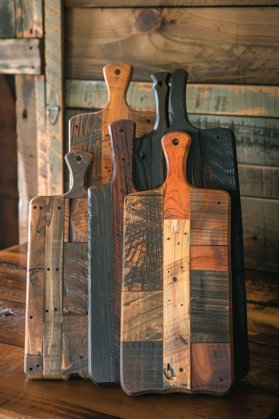 A collection of rustic wooden cutting boards with various patterns and shades standing upright on a wooden table.