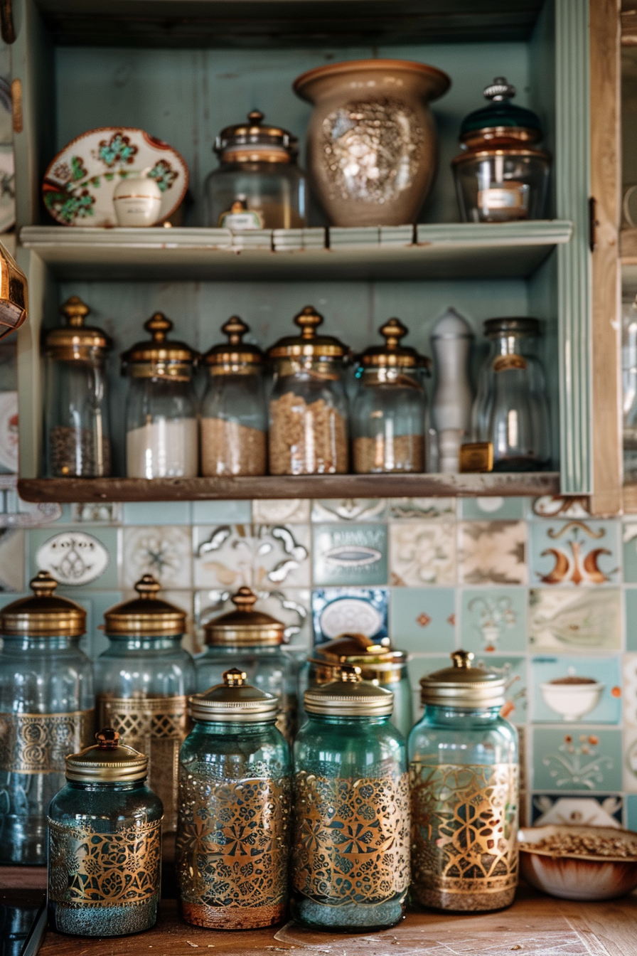 Decorative glass jars on shelves with intricate designs, set against a backdrop of vintage tiles.