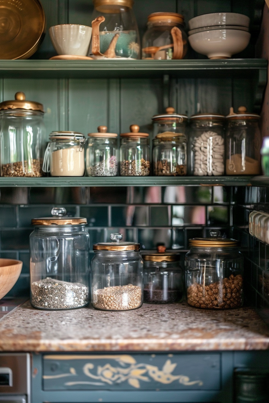 ALT: Open shelving in a kitchen displaying various glass jars with lids, filled with dry foods like grains and legumes, against a tiled backsplash.