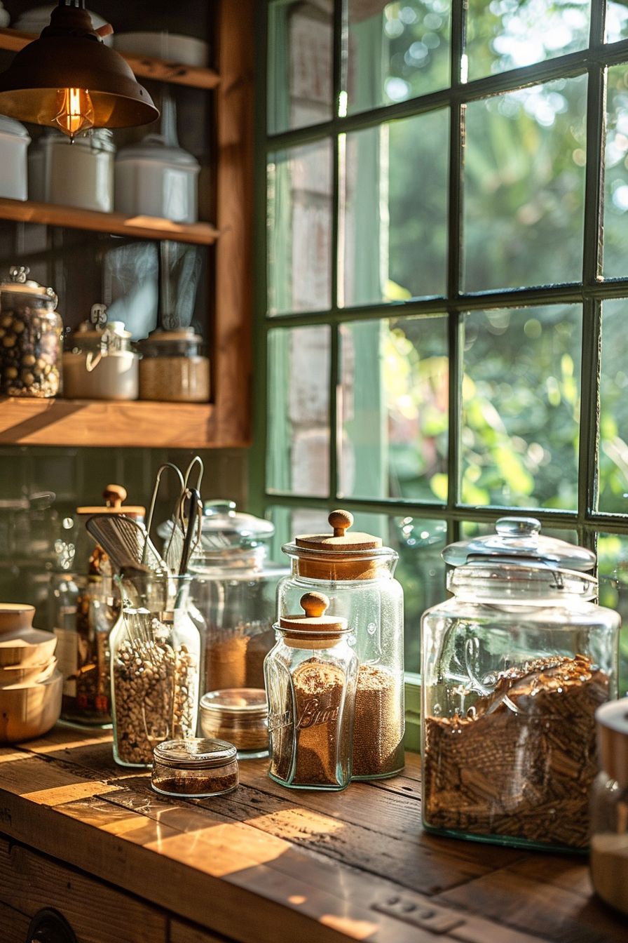 Warm sunlight filters through a window, illuminating glass jars with dry goods on a wooden kitchen counter.
