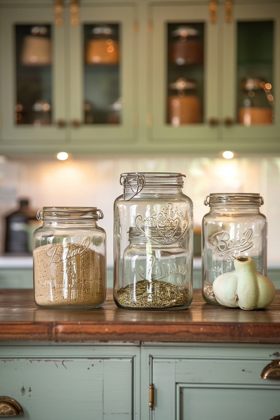 ALT: Three large glass jars with embossed logos on a wooden countertop, containing brown sugar, oregano, and garlic bulbs, respectively.