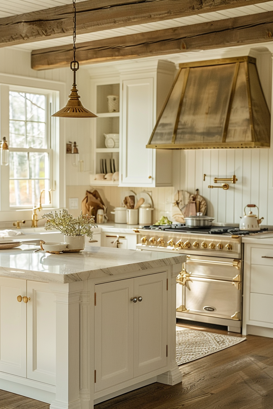 ALT: A warm, sunlit rustic kitchen with a marble-topped island, brass-accented white cabinetry, and an antique-style pendant light.