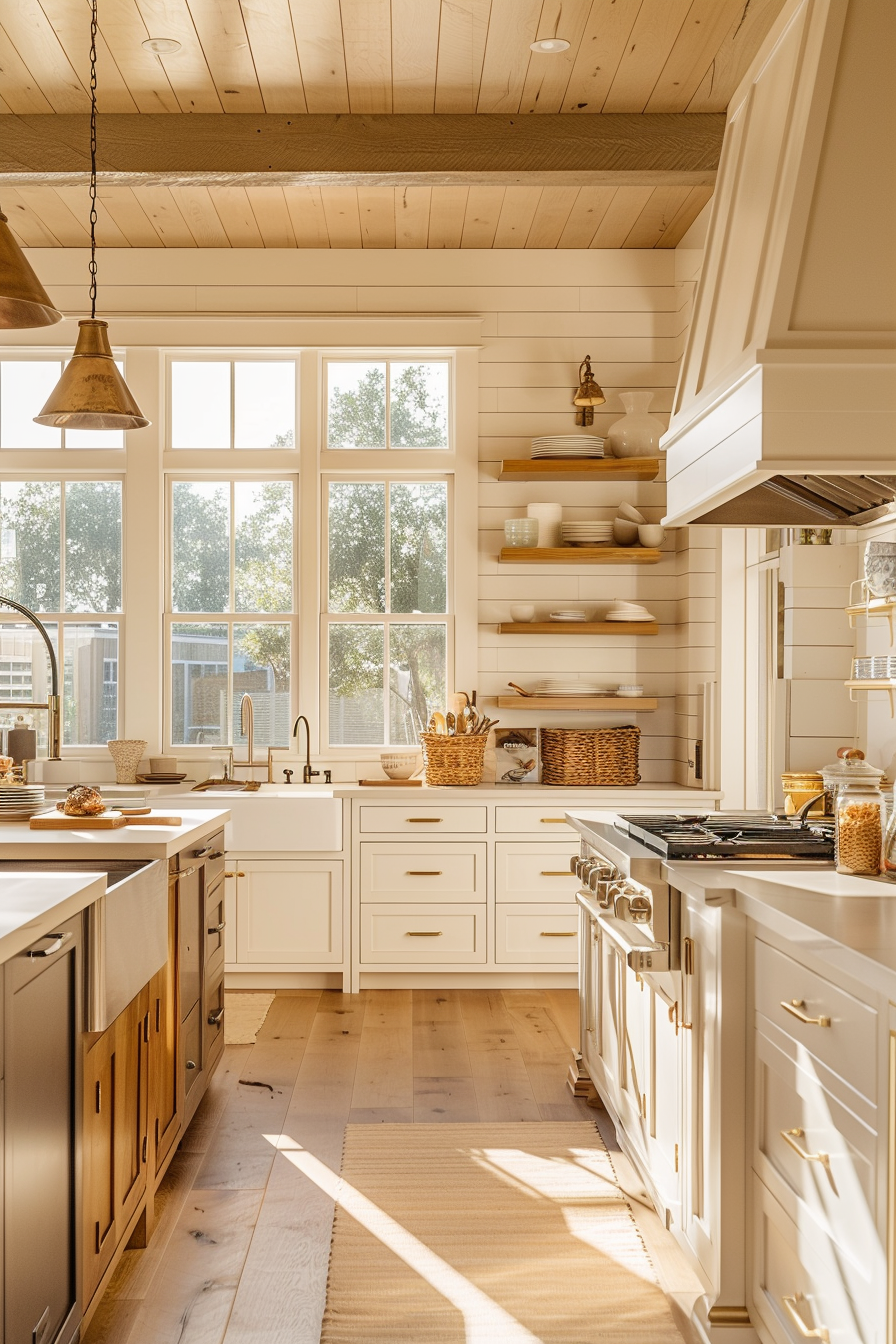 A bright, sunny kitchen with white cabinetry, wooden countertops, and brass accents. Sunlight streams in through large windows.