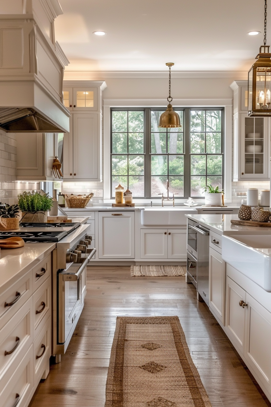 Elegant kitchen interior with white cabinetry, brass fixtures, hardwood floors, and a large window with a garden view.