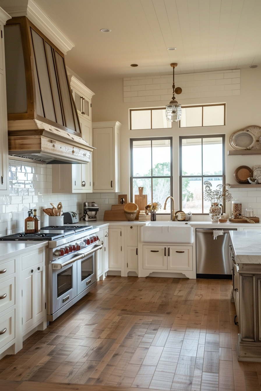 A bright, traditional kitchen with white cabinetry, subway tiles, a farmhouse sink, and a stainless steel stove under a wood-trimmed hood.