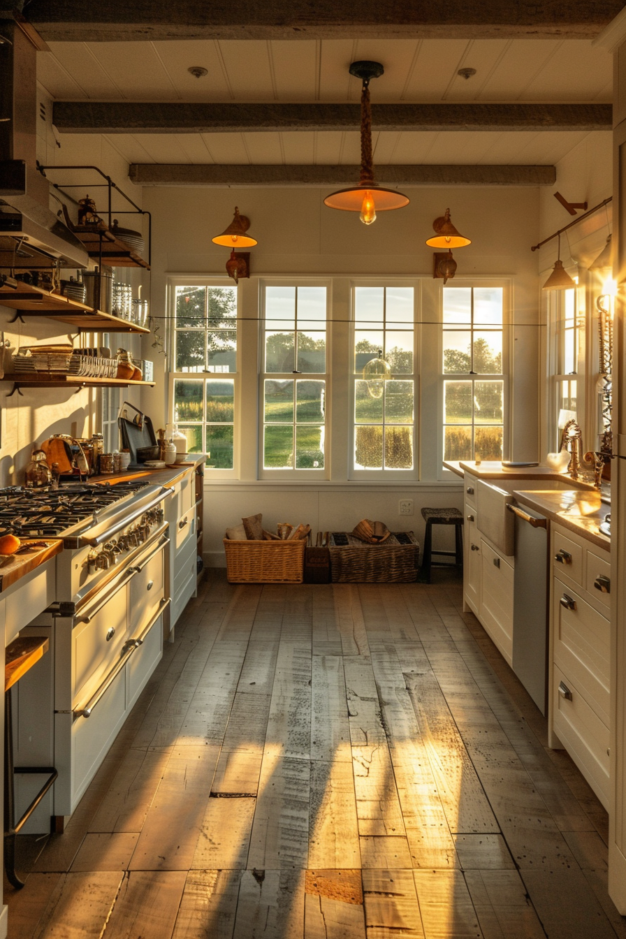 Rustic kitchen interior bathed in warm sunlight with wooden floors, white cabinets, and hanging orange pendant lights.