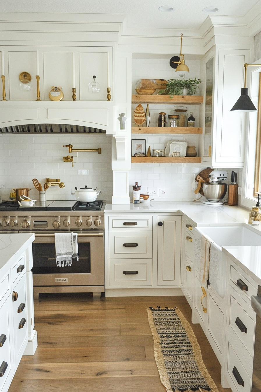 Modern kitchen interior with white cabinetry, subway tiles, wooden shelves, and brass fixtures.